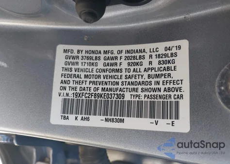 2019 Honda Civic Sport из США, поврежденный, VIN 19XFC2F89KE037309